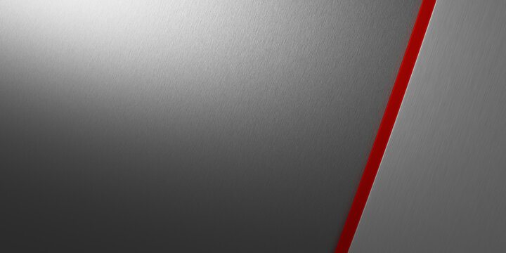 Modern brushed metal texture background design and red stripe detail with copy space 3D render