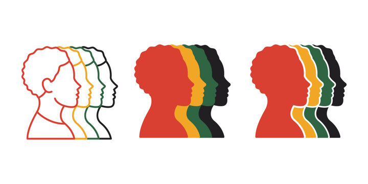 Diversity human heads are shown in various styles and vibrant Pan African colors representing diversity and unity