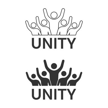 Unity group human figure icon shows five abstract people with raised arms symbolizing togetherness and support in an illustration