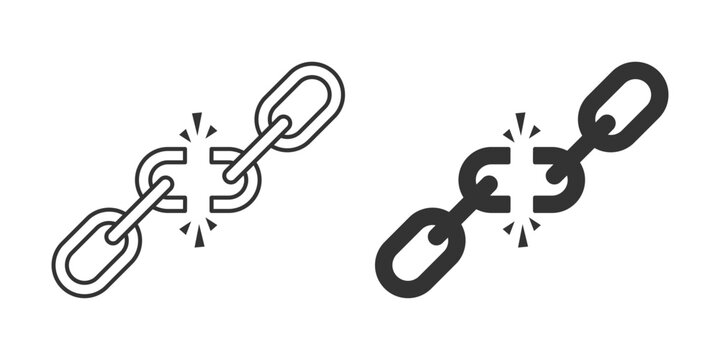 Broken chain link represented in outline and solid fill vector illustration styles signifying disconnection or an issue