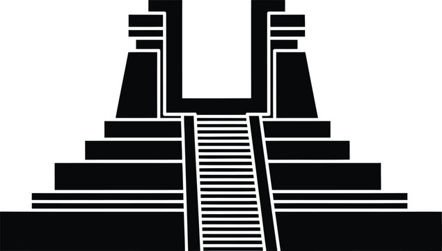Black silhouette of a mayan or aztec pyramid temple structure