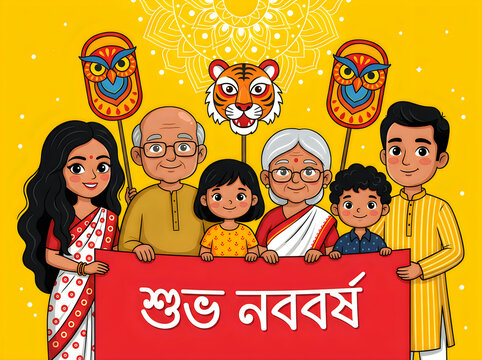 Multigenerational bengali family celebrating pohela boishakh bengali new year with traditional masks and a shubho noboborsho banner