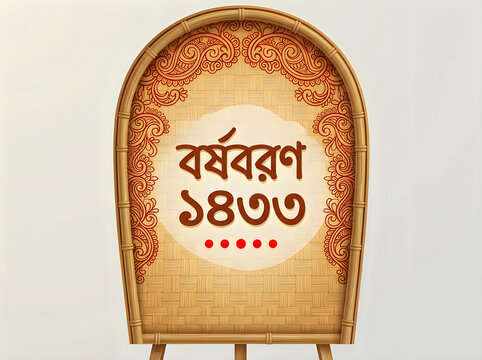 Festive bengali new year pohela boishakh sign with borshoboron 1430 text on a traditional bamboo winnowing fan kula
