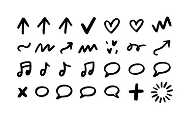 Obraz premium Hand drawn doodle icons set including arrows, hearts, music notes and speech bubbles on white background for design elements