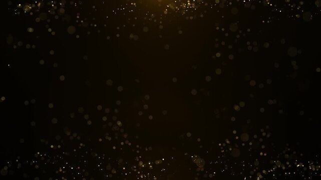 Golden bokeh particles floating on dark background, seamless loop animation of soft glowing lights, luxury abstract backdrop, elegant calm motion