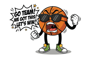 Energetic Cartoon Basketball Mascot with Sunglasses and Sneakers Shouting Motivational Team Spirit Slogan on White Background © Alifia