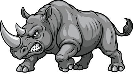 Fototapeta premium Powerful Gray Rhinoceros Mascot with Sharp Horn and Aggressive Expression Vector Illustration Isolated on White Background