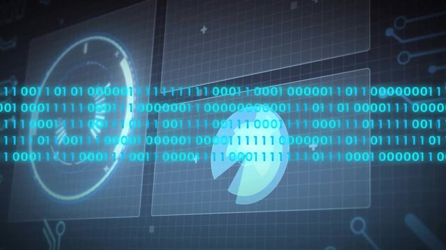 Data signal activating holographic tech dashboard, rotating pie widget and streaming binary overlay