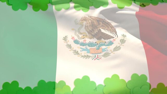 Mexican flag waving sparking green clover overlays emerging top and bottom forming branding border