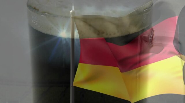 German tricolor flag waving centrally in studio, overlay shifting blending beer branding foam