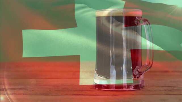 Waving flag graphic rippling over beer mug, shifting highlights and revealing napkin for branding