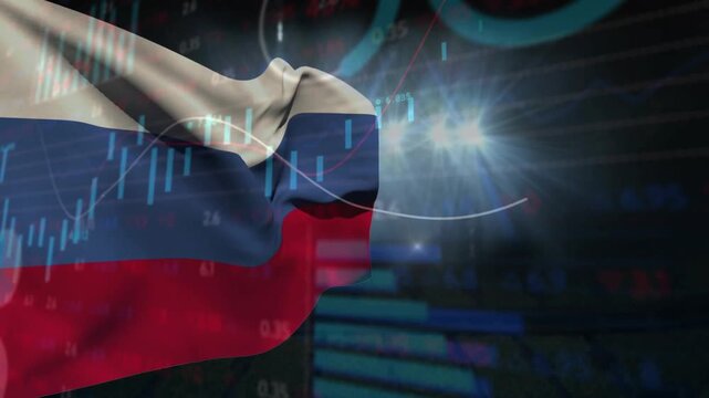On start Russian flag rippling while market candles and trend line moving, visualizing finance