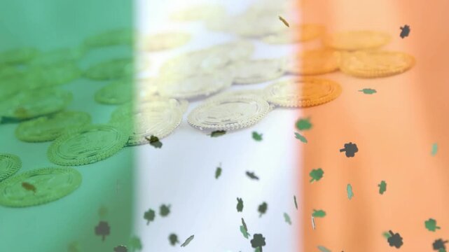 Tricolor overlay appearing, causing shamrock confetti falling over gold coins for Irish marketing