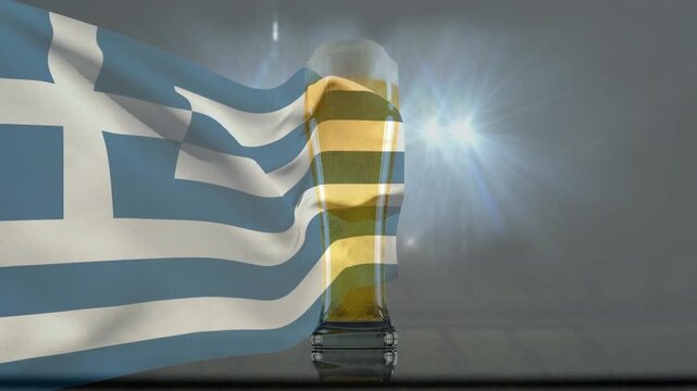 Greek flag entering left waving over pilsner glass casting blue bands under flare promoting beer ad