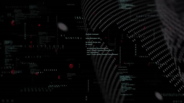 Binary grid sweeping from right, forming curved dot-mesh and visualizing tech data with code