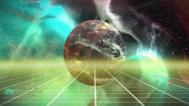 Loop starting, central sphere rotating over neon grid, orb pulsing, smoke rising, VHS glow for tech