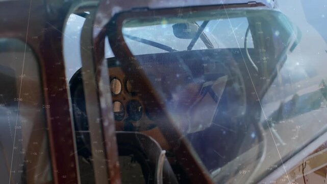 Aviation cockpit windshield catching sun glare, animated markers drifting, altering gauge view