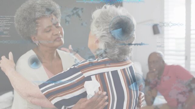 Striped woman stepping, hugging senior pair for comfort, health HUD overlaying while man watching