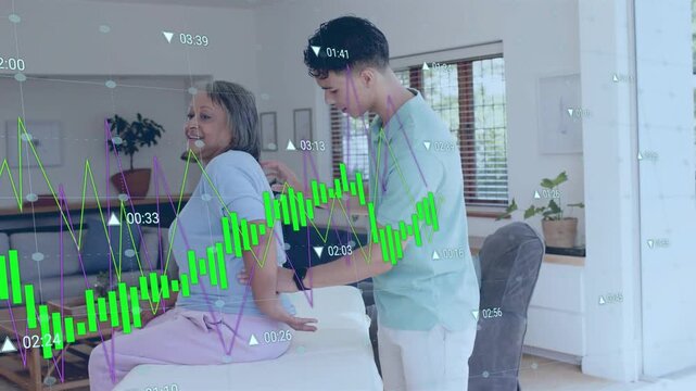 Caregiver guiding senior on bench, reaching upper back, animated health charts showing alignment