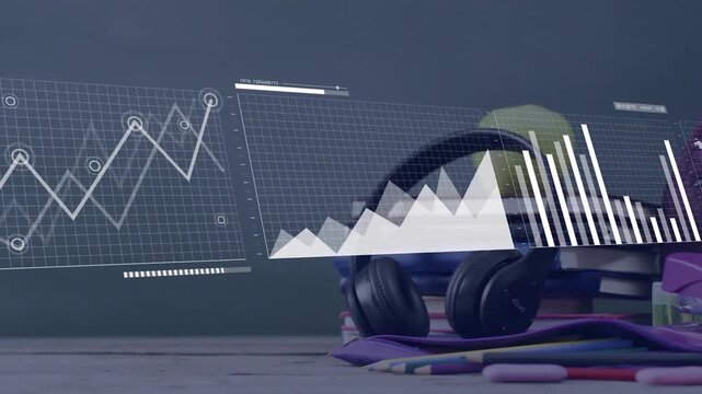 Data panel appearing, line or area or bar and world map sliding over books or headphones showing sch