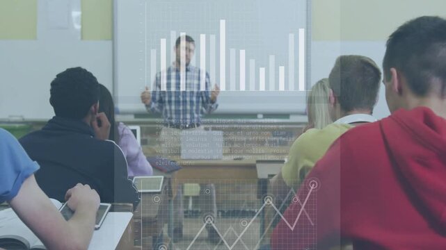 Teacher talking while laptop sending data, HUD charts animating classroom, student raising hand