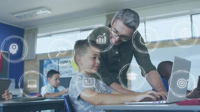 Teacher leaning over student and guiding typing, book and globe icons overlaying scene for lesson
