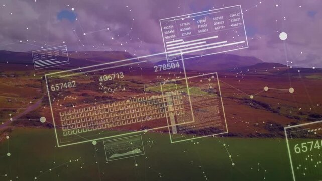 Data feed initiating translucent HUD panels over countryside, updating numeric grid and sliding off