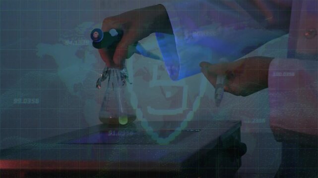 Lab tech gripping flask placing on hotplate to heat reagent pipette hovering DNA overlay over hands