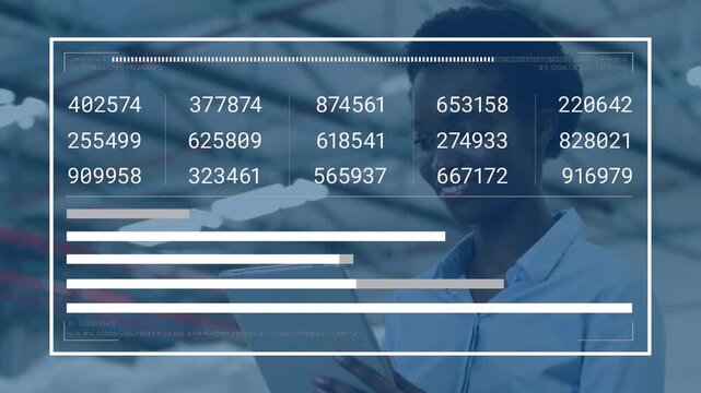Woman holding tablet in warehouse, HUD appearing, numbers rising, bars extending tracking inventory