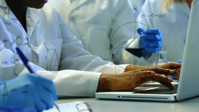 Vertical video: Reacting to overlays, team recording data on laptop while tilting pipette, labcoats
