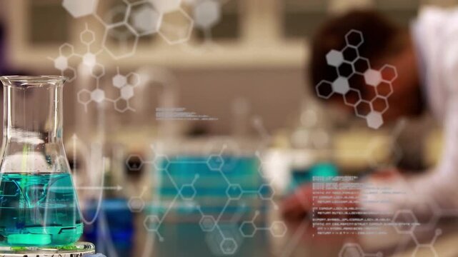 Lab Erlenmeyer flask left as hexagon overlays appearing, scientist leaning, experimenting