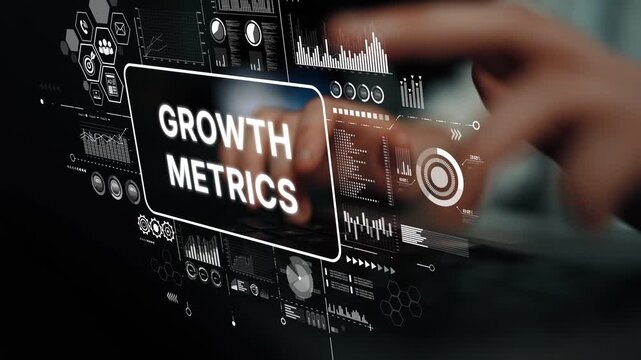 Hands Interacting with Digital Dashboard Displaying Growth Metrics and Analytical Data Visualization Concepts. Asymptotic smart data analytic.