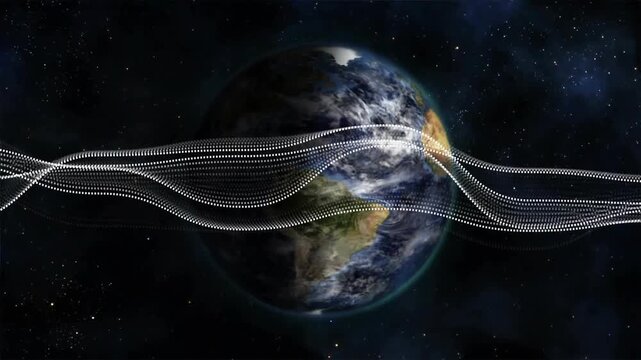 Planet rotating and dotted ribbons undulating after sunlight shift, showing global waves on globe