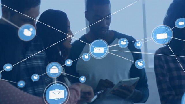 Vertical video: Team tapping phones making blue node web with msg icon flooding frame for tech sync