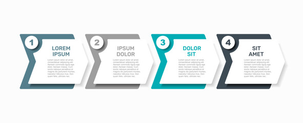 Obraz na płótnie Canvas Four-step horizontal flow chart infographic with sections, icons, placeholder text for business processes. Vector illustration.