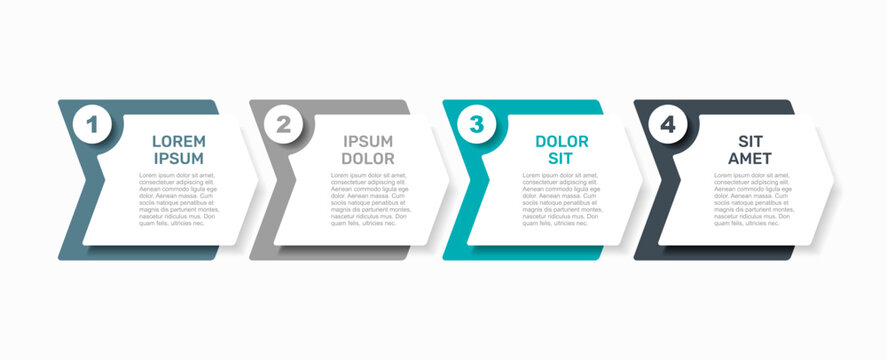 Four-step horizontal flow chart infographic with sections, icons, placeholder text for business processes. Vector illustration.