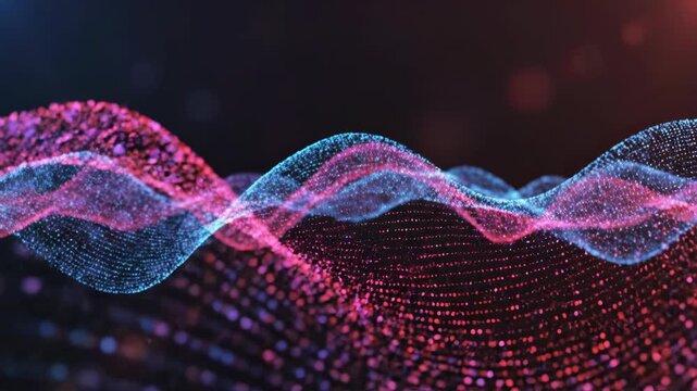 Abstract visualization of undulating blue and magenta digital particle waves across a dark background, featuring a shallow depth of field, glowing bokeh, and fluid motion.