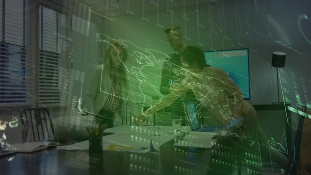 Right rep stepping closer pointing biz team closing gaps at table studying laptop holo map deciding