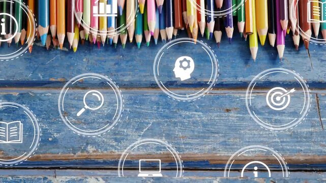 Icons fading in, pencils sliding down, symbols appearing, showing edutech ideas on worn blue plank