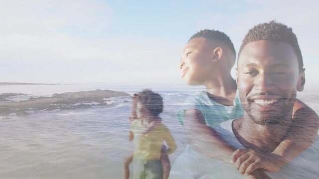 Double-exposure blend shifting father carrying son centering while girl walking shore promoting ads