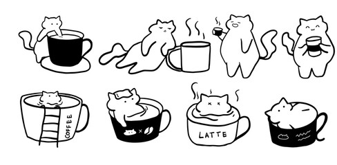 Obraz premium Whimsical black and white illustration of cats enjoying coffee and relaxation