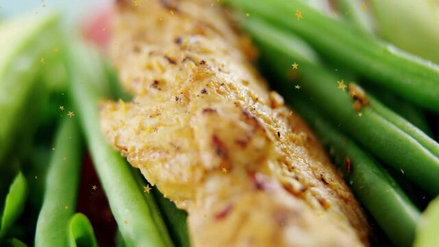 Camera sliding, revealing fillet, avocado and beans for food marketing with star glitter overlay