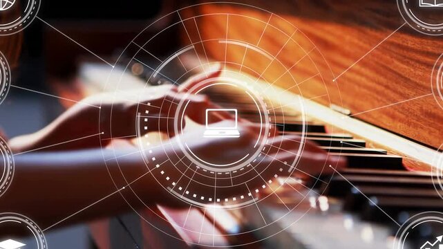 Piano student resting hands near keys, activating HUD showing laptop chart while practicing music