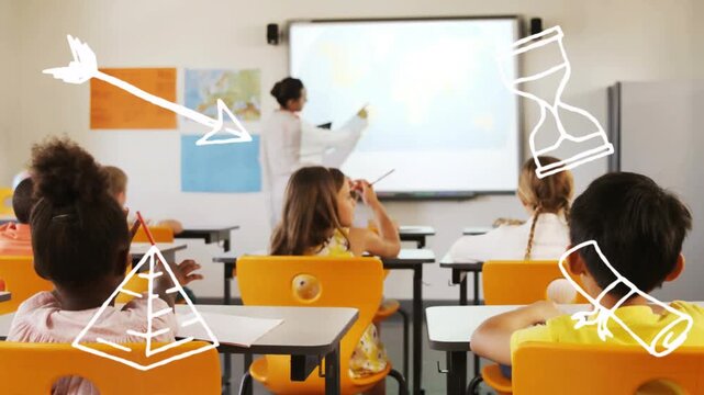 Woman teacher starting lesson on screen students raising hands answering white doodles on desks