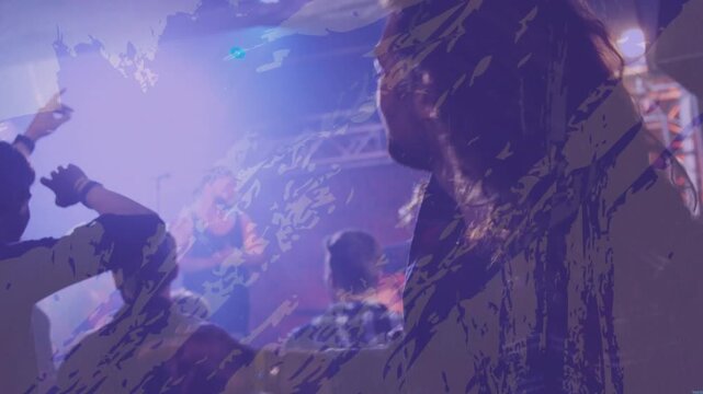 Singer singing lifting mic, music crowd raising arms and headbanging as lights, purple wash rising