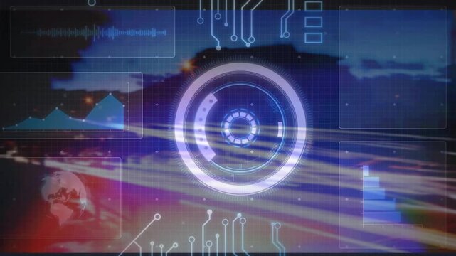 HUD reticle appearing over night city, initiating traffic scanning, pulsing rings, charts, waveform