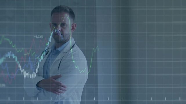 Medical doctor standing arms folded, data grid fading from left, charts moving right showing trends