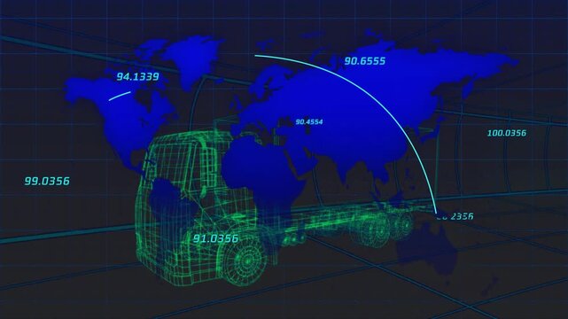 Green wireframe truck receiving data, curved arcs drawing across map showing global logistics flow