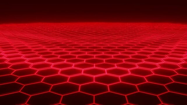 Network hexagonal grid with red glowing lines on black background, futuristic tech design featuring technology, neon, cyberpunk with sci-fi and