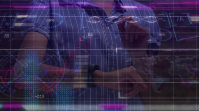Tech user raising left forearm and tapping watch in store, checking metrics, animating HUD charts